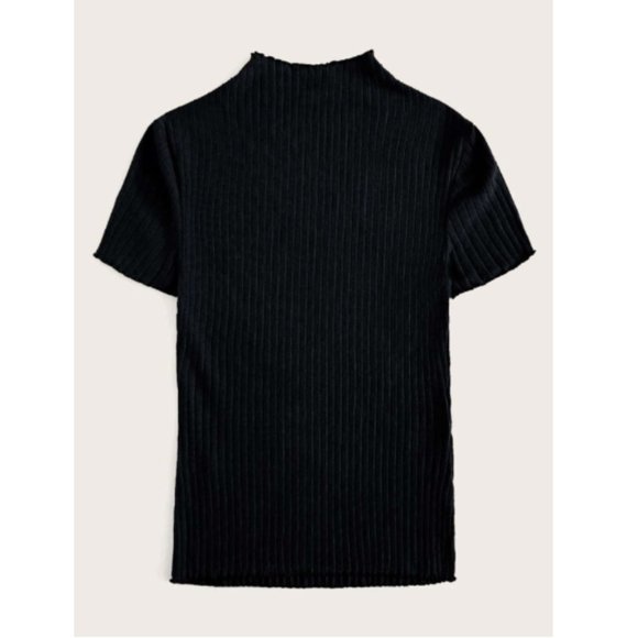 Black Rib-Knit Mock Neck Lettuce Trim Cotton Tee - Picture 2 of 4
